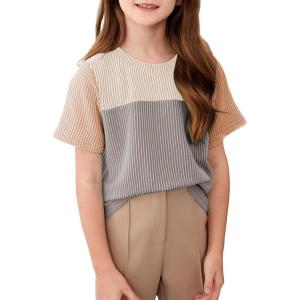 imageblibean Tween Girls Summer Short Sleeve Shirts Kid Color Block Tops Size 615 YearsBeige