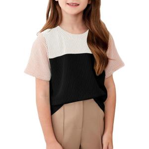 imageblibean Tween Girls Summer Short Sleeve Shirts Kid Color Block Tops Size 615 YearsBlack