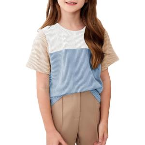 imageblibean Tween Girls Summer Short Sleeve Shirts Kid Color Block Tops Size 615 YearsBlue