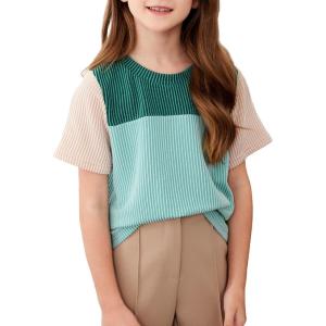 imageblibean Tween Girls Summer Short Sleeve Shirts Kid Color Block Tops Size 615 YearsGreen