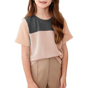 imageblibean Tween Girls Summer Short Sleeve Shirts Kid Color Block Tops Size 615 YearsGrey