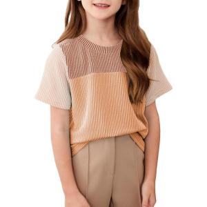 imageblibean Tween Girls Summer Short Sleeve Shirts Kid Color Block Tops Size 615 YearsKhaki