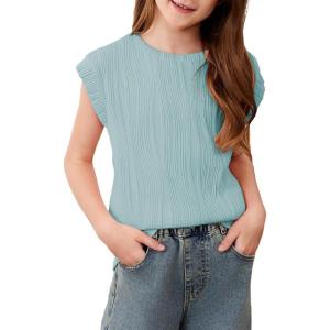 imageblibean Tween Girls Summer Short Sleeve Textured Tops Shirts Size 615 YearsLight Blue