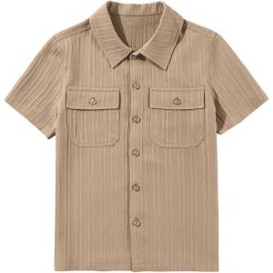 imageblibean Boys ButtonDown Uniform Shirts Semi Formal Dress Tops with Chest PocketsA Khaki
