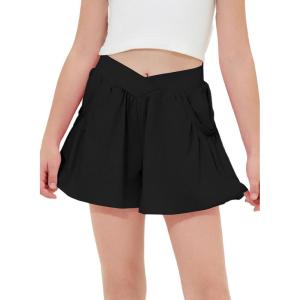 imageblibean Girls Athletic UPF50 Shorts Flowy Criss Cross Waist Shorts 615YA Black