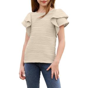 imageblibean Girls Ruffled Short Sleeve Textured Tops Shirts Size 615 YearsBeige