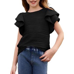 imageblibean Girls Ruffled Short Sleeve Textured Tops Shirts Size 615 YearsBlack
