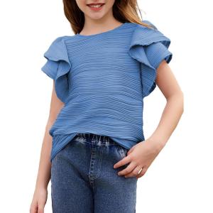 imageblibean Girls Ruffled Short Sleeve Textured Tops Shirts Size 615 YearsDark Blue