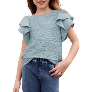imageblibean Girls Ruffled Short Sleeve Textured Tops Shirts Size 615 YearsLight Blue