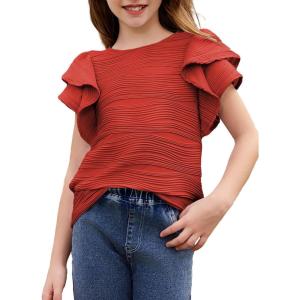 imageblibean Girls Ruffled Short Sleeve Textured Tops Shirts Size 615 YearsRed