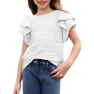 imageblibean Girls Ruffled Short Sleeve Textured Tops Shirts Size 615 YearsWhite