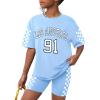 imageGirls Clothes Summer Outfits Graphic Letter Print Tee Shirt  Biker Shorts 2Pcs Clothing Set 716TPlaid  Blue