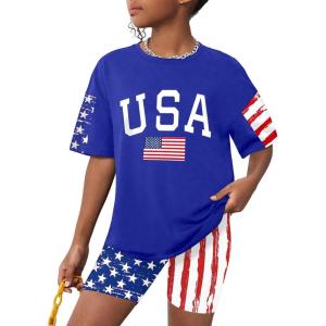 imageGirls Clothes Summer Outfits Graphic Letter Print Tee Shirt  Biker Shorts 2Pcs Clothing Set 716TAd Usa Flag