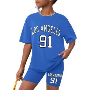 imageGirls Clothes Summer Outfits Graphic Letter Print Tee Shirt  Biker Shorts 2Pcs Clothing Set 716TBlue 01