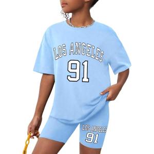 imageGirls Clothes Summer Outfits Graphic Letter Print Tee Shirt  Biker Shorts 2Pcs Clothing Set 716TBlue