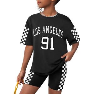 imageGirls Clothes Summer Outfits Graphic Letter Print Tee Shirt  Biker Shorts 2Pcs Clothing Set 716TPlaid  Black
