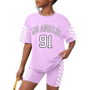 imageGirls Clothes Summer Outfits Graphic Letter Print Tee Shirt  Biker Shorts 2Pcs Clothing Set 716TPlaid  Purple