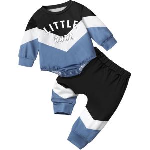 imageBaby Boy Clothes Color Block Oversized Sweatshirt Romper  Pants Fall Winter Infant Baby Outfits SetsBlueblack