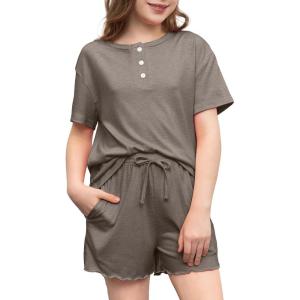 imageblibean Big Girls Fashion Clothes Sets Junior Kids Summer Shirt Outfit Ruffle Matching Casual Pockets Tops 2pcs Lounge Clothing Set Size 1011 Years Old Brown