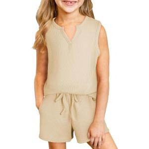 imageblibean Girls Summer Clothes Set Kids Waffle Pockets Cotton Outfit Size 413 YearsA Beige
