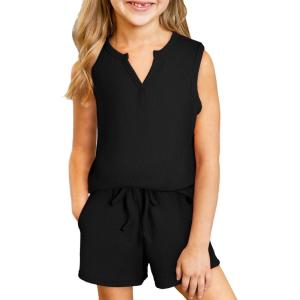 imageblibean Girls Summer Clothes Set Kids Waffle Pockets Cotton Outfit Size 413 YearsA Black