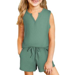 imageblibean Girls Summer Clothes Set Kids Waffle Pockets Cotton Outfit Size 413 YearsA Green