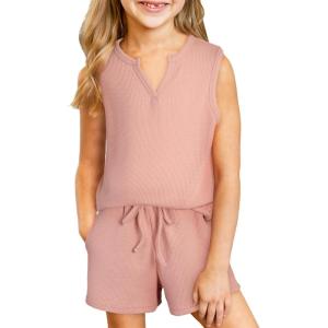 imageblibean Girls Summer Clothes Set Kids Waffle Pockets Cotton Outfit Size 413 YearsA Pink