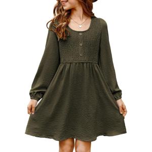 imageblibean Tween Girls Smocked Dresses Semi Formal Outfits with Pockets Size 615 YearsA Olive Green