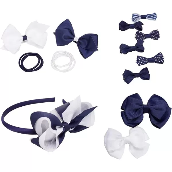 French Toast Kid's School Uniform Bow Clips, Headband and Ponytail Holders, 4-pack, Navy Blue &amp; White, One Size