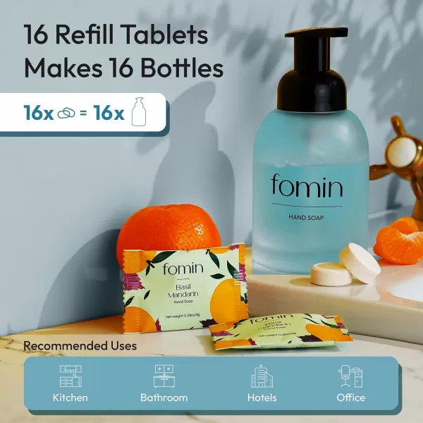 FOMIN Foaming Hand Soap Essential Kit  16 Variety Pack of Foaming Hand Soap Refills  2 Glass Dispenser  1 Tin  EcoFriendly Foaming Hand Soap Tablets for All Skin TypesHand Soap Essential Kit