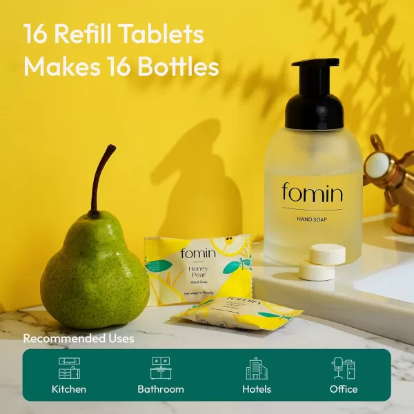 FOMIN Foaming Hand Soap Essential Kit  16 Variety Pack of Foaming Hand Soap Refills  2 Glass Dispenser  1 Tin  EcoFriendly Foaming Hand Soap Tablets for All Skin TypesHoney Pear  16 Pack