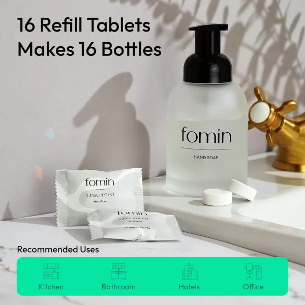 FOMIN Foaming Hand Soap Essential Kit  16 Variety Pack of Foaming Hand Soap Refills  2 Glass Dispenser  1 Tin  EcoFriendly Foaming Hand Soap Tablets for All Skin TypesUnscented  16 Pack