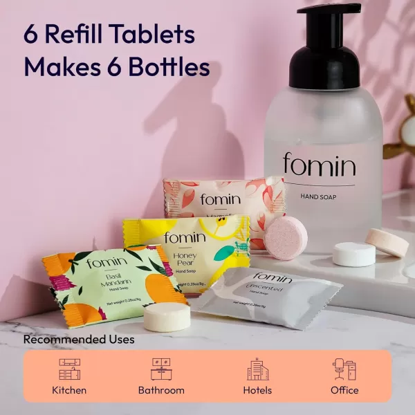 FOMIN Foaming Hand Soap Essential Kit  16 Variety Pack of Foaming Hand Soap Refills  2 Glass Dispenser  1 Tin  EcoFriendly Foaming Hand Soap Tablets for All Skin TypesVariety Pack Honey  Magnolia  Basil  Unscented  6 Pack