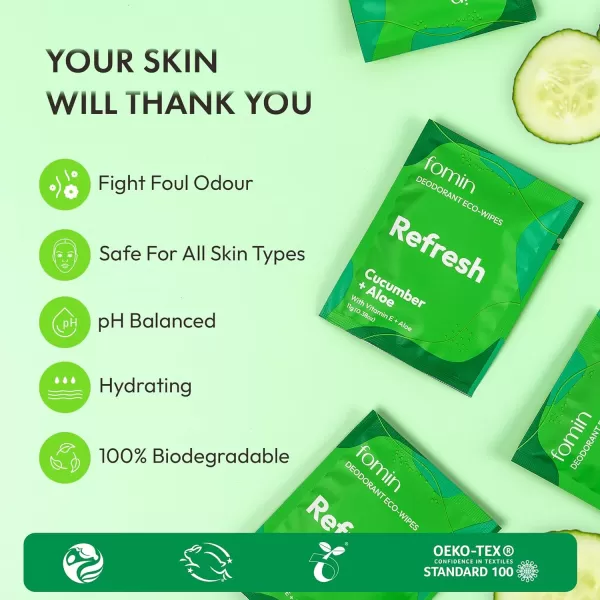 FOMIN Travel Deodorant Wipes  50 Count  Refreshing Cucumber and Aloe  pH Balanced Hypoallergenic Mini Deodorant Wipes For Women and Men  PlasticFree Individually Wrapped Underarm ampamp Body WipesRefresh  Cucumber Aloe