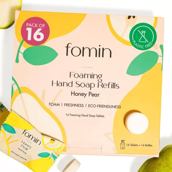 FOMIN Foaming Hand Soap Essential Kit  16 Variety Pack of Foaming Hand Soap Refills  2 Glass Dispenser  1 Tin  EcoFriendly Foaming Hand Soap Tablets for All Skin TypesHoney Pear  16 Pack