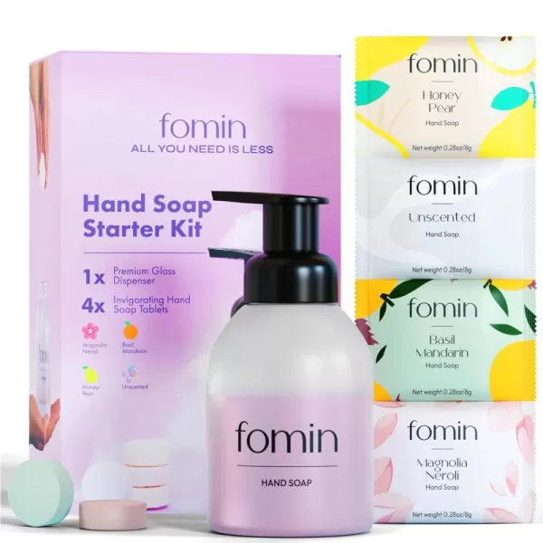 FOMIN Foaming Hand Soap Essential Kit  16 Variety Pack of Foaming Hand Soap Refills  2 Glass Dispenser  1 Tin  EcoFriendly Foaming Hand Soap Tablets for All Skin TypesHand Soap Starter Kit