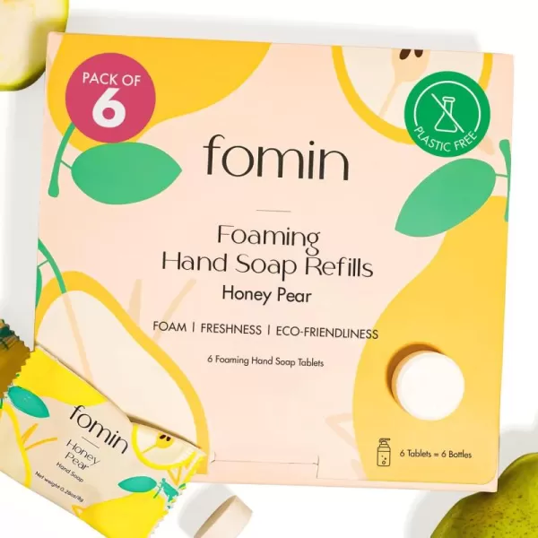 FOMIN Foaming Hand Soap Essential Kit  16 Variety Pack of Foaming Hand Soap Refills  2 Glass Dispenser  1 Tin  EcoFriendly Foaming Hand Soap Tablets for All Skin TypesHoney Pear  6 Pack