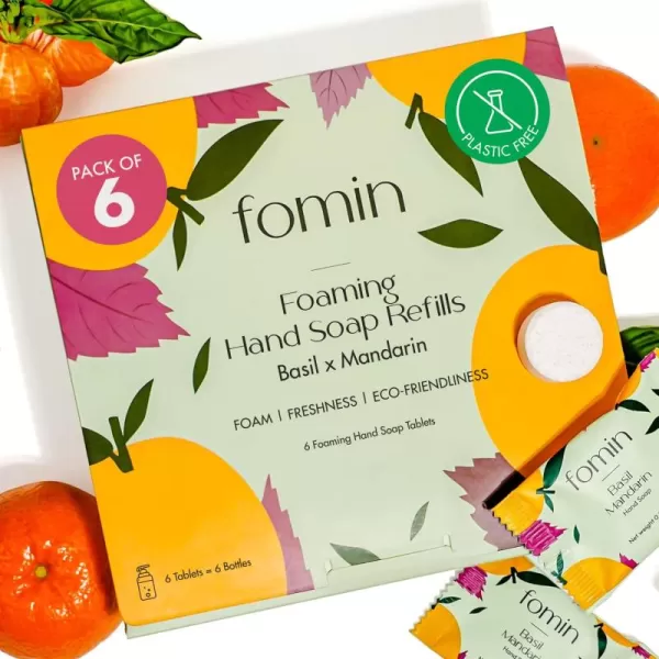 FOMIN Foaming Hand Soap Essential Kit  16 Variety Pack of Foaming Hand Soap Refills  2 Glass Dispenser  1 Tin  EcoFriendly Foaming Hand Soap Tablets for All Skin TypesBasil Mandarin  6 Pack