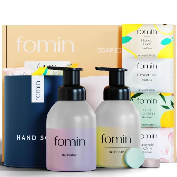 FOMIN Foaming Hand Soap Essential Kit  16 Variety Pack of Foaming Hand Soap Refills  2 Glass Dispenser  1 Tin  EcoFriendly Foaming Hand Soap Tablets for All Skin TypesHand Soap Essential Kit