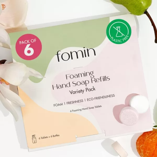 FOMIN Foaming Hand Soap Essential Kit  16 Variety Pack of Foaming Hand Soap Refills  2 Glass Dispenser  1 Tin  EcoFriendly Foaming Hand Soap Tablets for All Skin TypesVariety Pack Honey  Magnolia  Basil  Unscented  6 Pack