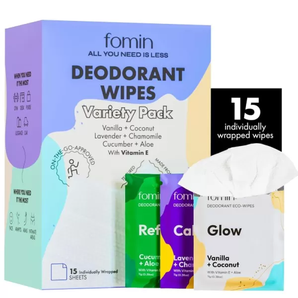 FOMIN Travel Deodorant Wipes  15 Count  Calming Lavender and Chamomile  pH Balanced Hypoallergenic Mini Deodorant Wipes For Women and Men  PlasticFree Individually Wrapped Underarm ampamp Body WipesVariety Pack