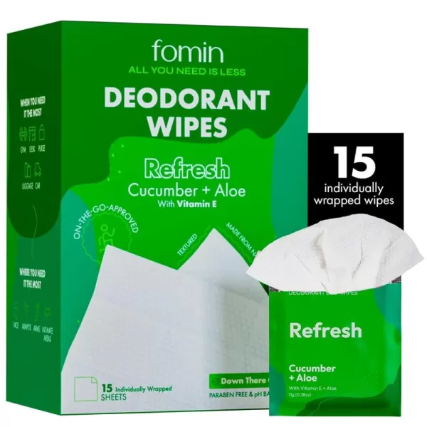 FOMIN Travel Deodorant Wipes  15 Count  Calming Lavender and Chamomile  pH Balanced Hypoallergenic Mini Deodorant Wipes For Women and Men  PlasticFree Individually Wrapped Underarm ampamp Body WipesRefresh  Cucumber Aloe