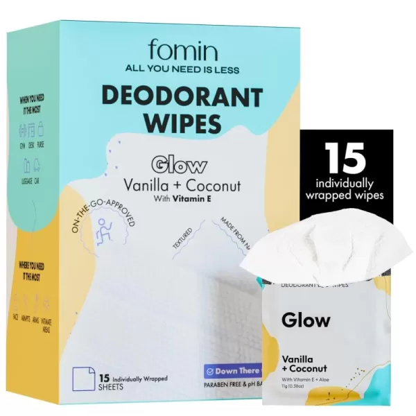 FOMIN Travel Deodorant Wipes  15 Count  Calming Lavender and Chamomile  pH Balanced Hypoallergenic Mini Deodorant Wipes For Women and Men  PlasticFree Individually Wrapped Underarm ampamp Body WipesGlow  Coconut Vanilla