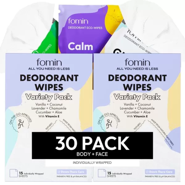 FOMIN Travel Deodorant Wipes  30 Count  Glowing Coconut and Vanilla  pH Balanced Hypoallergenic Mini Deodorant Wipes For Women and Men  PlasticFree Individually Wrapped Underarm ampamp Body WipesVariety Pack