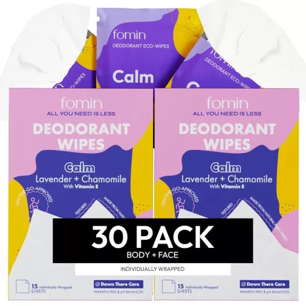 FOMIN Travel Deodorant Wipes  30 Count  Glowing Coconut and Vanilla  pH Balanced Hypoallergenic Mini Deodorant Wipes For Women and Men  PlasticFree Individually Wrapped Underarm ampamp Body WipesCalm  Lavender Chamomile