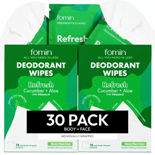 FOMIN Travel Deodorant Wipes  30 Count  Glowing Coconut and Vanilla  pH Balanced Hypoallergenic Mini Deodorant Wipes For Women and Men  PlasticFree Individually Wrapped Underarm ampamp Body WipesRefresh  Cucumber Aloe