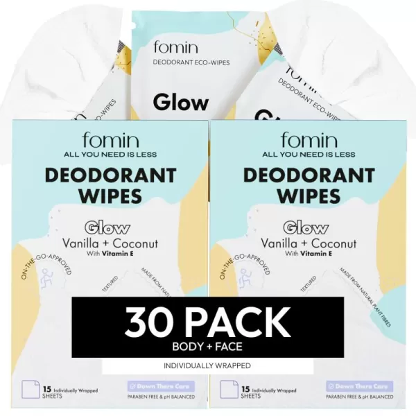 FOMIN Travel Deodorant Wipes  30 Count  Glowing Coconut and Vanilla  pH Balanced Hypoallergenic Mini Deodorant Wipes For Women and Men  PlasticFree Individually Wrapped Underarm ampamp Body WipesGlow  Coconut Vanilla