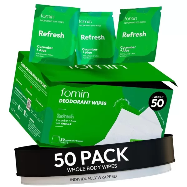 FOMIN Travel Deodorant Wipes  50 Count  Refreshing Cucumber and Aloe  pH Balanced Hypoallergenic Mini Deodorant Wipes For Women and Men  PlasticFree Individually Wrapped Underarm ampamp Body WipesRefresh  Cucumber Aloe