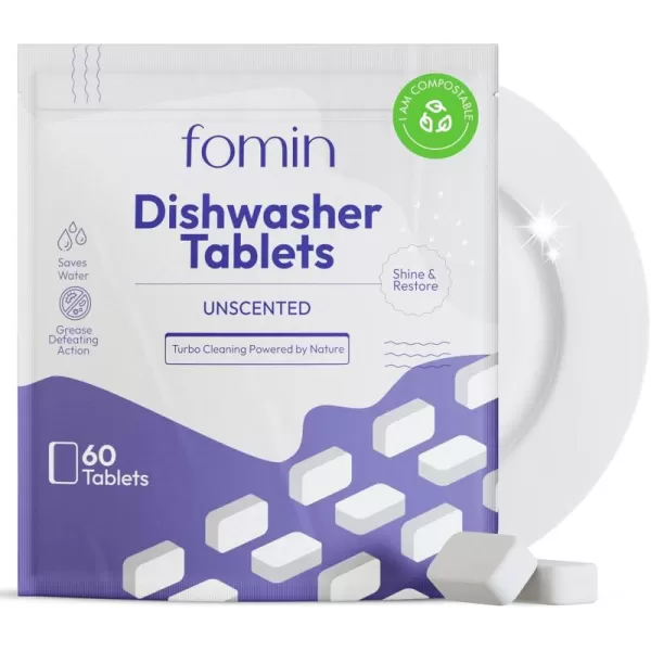 Fomin Dishwasher Detergent Tablets 30 Count  Deep Cleaning ampamp Deodorizer Tablets PlasticFree Septic Safe Natural Dishwasher Cleaner Tablets  Sparkling ampamp Clear Dishes60 Count