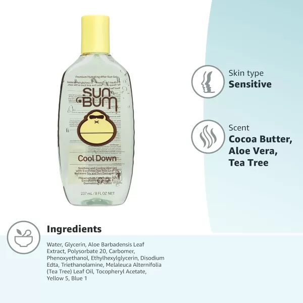 Sun Bum Cool Down Aloe Vera Gel  Vegan After Sun Care with Cocoa Butter to Soothe and Hydrate Sunburn Pain Relief  8 oz8 Fl Oz Pack of 1